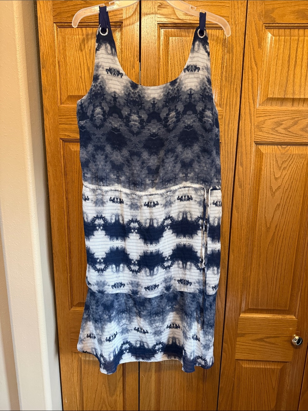 Libby. Edelman Navy and White Tie-Dye Midi Dress-Size Large